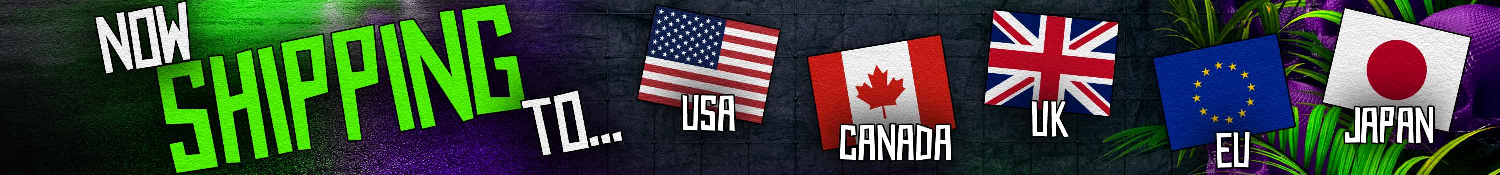 Boondock Traders and co now ship to North america, Canada, UK, Europe and Japan. Free shipping to the UK. The image features flags of countries and green and purple color themes which are part of the Boondock Traders and Co. brand identity.