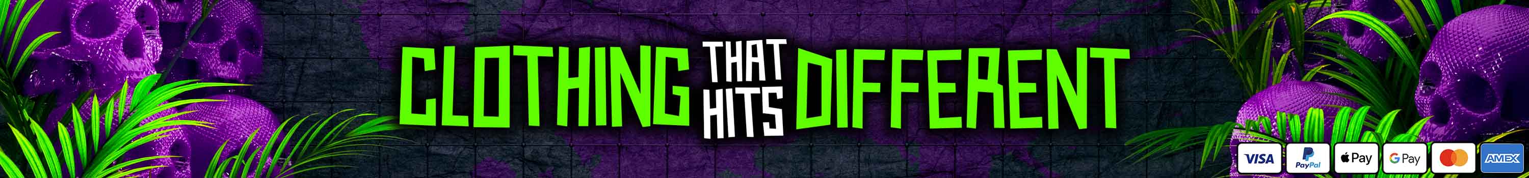 Purple skulls with knurling texture amongs vibrant green jungle plants featuring the slogan "Clothing that Hits Different". Featuring multiple payment methods like paypal, gpay, apple pay, american express, visa and mastercard. View our tshirt range!