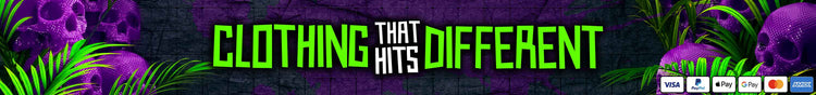 Purple skulls with knurling texture amongs vibrant green jungle plants featuring the slogan "Clothing that Hits Different". Featuring multiple payment methods like paypal, gpay, apple pay, american express, visa and mastercard. View our tshirt range!