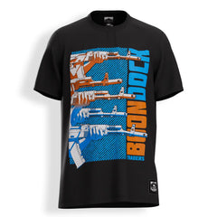 Front of the 'A OK' Supreme Premium Graphic Street Fashion T-shirt on a Black organic cotton top by Boondock Traders & Co. Streetwear, clothing and apparel brand, inspired by Anime and Manga Action Scnenes. Featuring stacked AK 47 guns pointing to the right. In a halftone, comic, manga and grafitti style. Visible Boondock Traders and Co Branding on the neck and outer woven label.