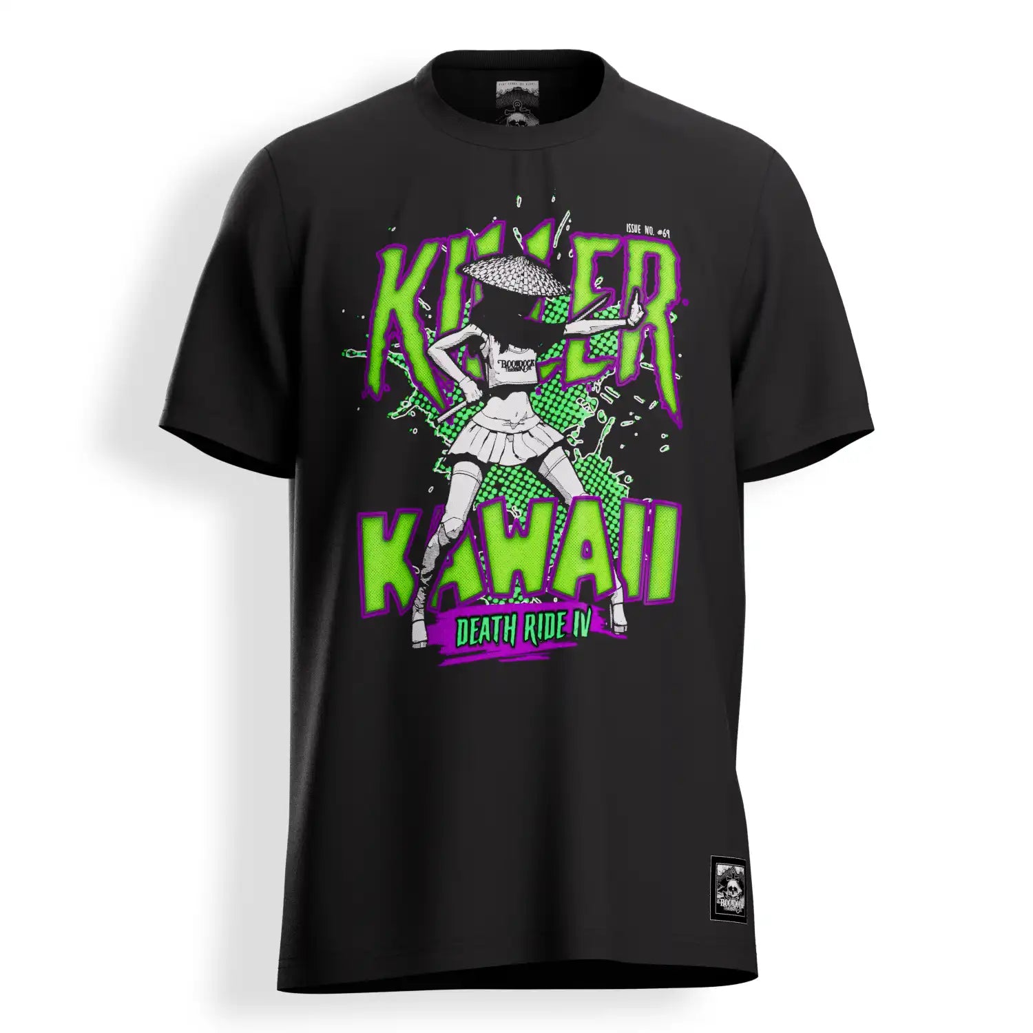 Image of the 'Killer Kawaii' Graphic T-shirt on a black organic cotton top by Boondock Traders & Co. Streetwear, clothing and apparel brand, inspired by Anime and bad ass heroines.