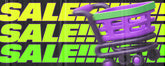 Banner for the Boondock Traders & Co. Streetwear, clothing and apparel brands line of clothing that links to items that are on sale. The image is of a purple shopping trolley zooming arouind in front of the words 'sale'.