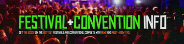 Banner for festival and convention news and information. Featuring a crowd of anime fans and otakus in front of a stage wearing streetwear in front of a stage. With the boondock traders streetwear clothing brand color scheme for the text which is green purple and orange.