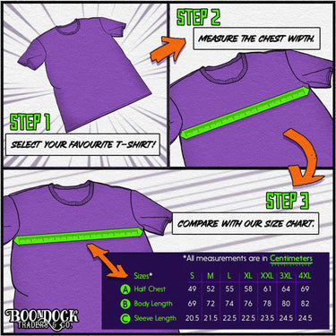 The ultimate t-shirt fitting guide consisting of 3 simple steps. Step 1, grab one of your favourite T-shirts from your wardrobe. Step 2, Lay it out flat and measure it from pit to pit, this is commonly refered to as the 'half chest width'. Step 3, Compare the measurement with our size charts. Its that simple!