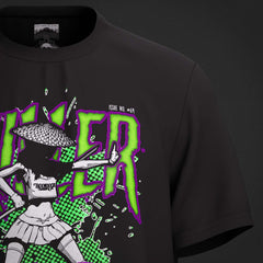 A close look at the graphic print of the 'Killer Kawaii' Anime T-shirt by Boondock Traders & Co. Streetwear, clothing and apparel brand, inspired by bad ass heroines. In the style of manga and grafitti prints. Featuring a girl with a samurai sword. The boondock traders neck stamp is visible ont he inside of the t-shirt.