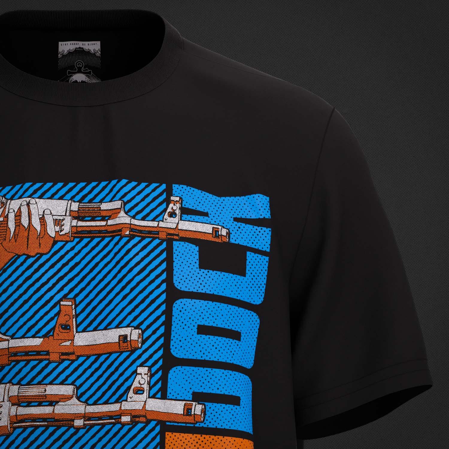 Quarter shot of The art print on the 'A OK' Supreme Premium Graphic Street Fashion T-shirt on a Black organic cotton top by Boondock Traders & Co. Streetwear, clothing and apparel brand, inspired by Anime and Manga Action Scnenes. Featuring stacked AK 47 guns pointing to the right. In a halftone, comic, manga and grafitti style. Boondock Traders and Co branding on the inside neck stamp.