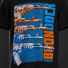 The art print on the 'A OK' Supreme Premium Graphic Street Fashion T-shirt on a black organic cotton top by Boondock Traders & Co. Streetwear, clothing and apparel brand, inspired by Anime and Manga Action Scnenes. Featuring stacked AK 47 guns pointing to the right. In a halftone, comic, manga and grafitti style.