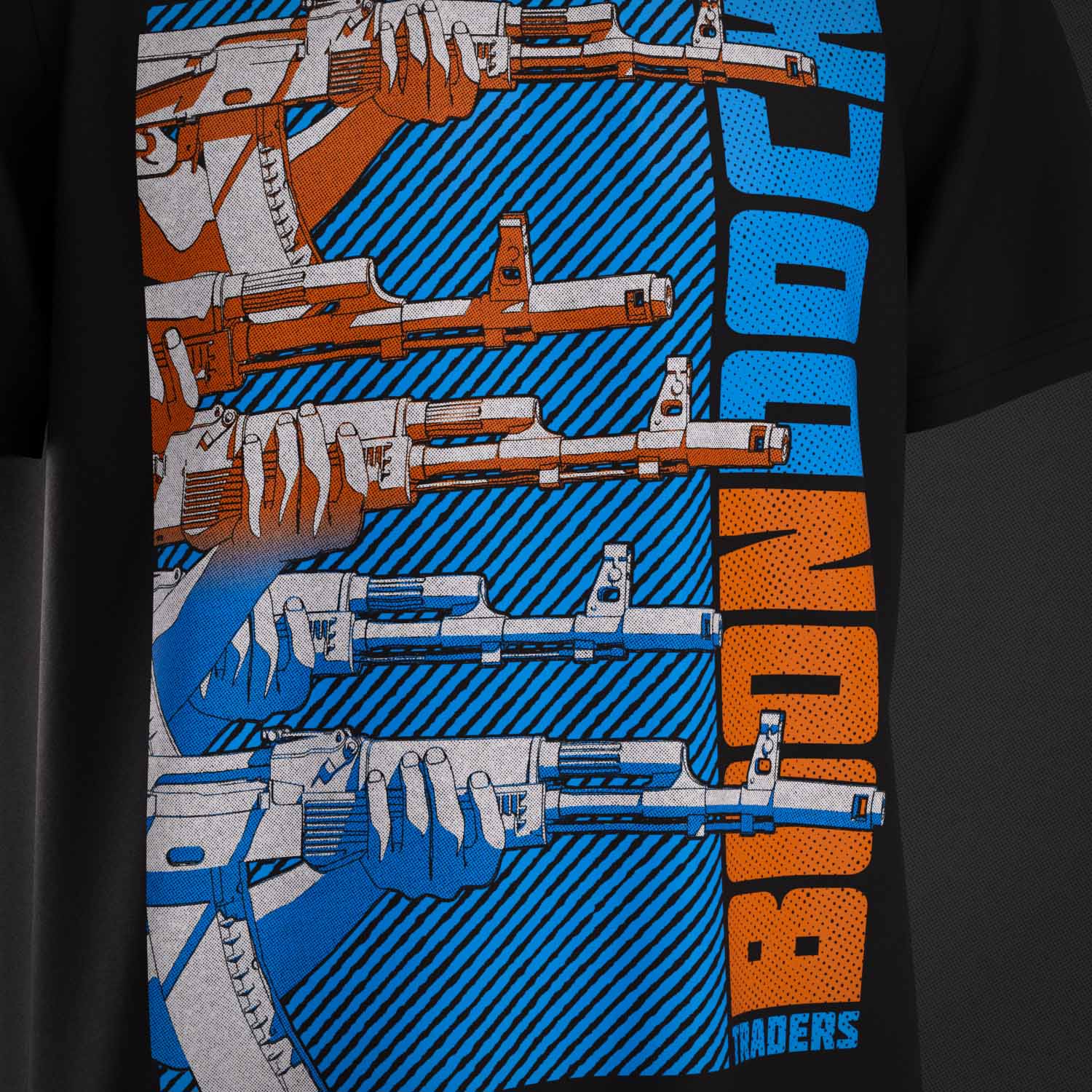 The art print on the 'A OK' Supreme Premium Graphic Street Fashion T-shirt on a Black organic cotton top by Boondock Traders & Co. Streetwear, clothing and apparel brand, inspired by Anime and Manga Action Scnenes. Featuring stacked AK 47 guns pointing to the right. In a halftone, comic, manga and grafitti style.