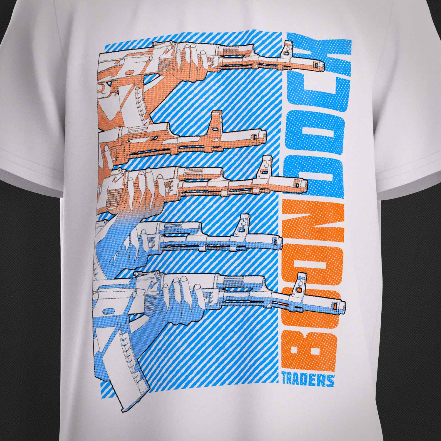 The art print on the 'A OK' Supreme Premium Graphic Street Fashion T-shirt on a white organic cotton top by Boondock Traders & Co. Streetwear, clothing and apparel brand, inspired by Anime and Manga Action Scnenes. Featuring stacked AK 47 guns pointing to the right. In a halftone, comic, manga and grafitti style.