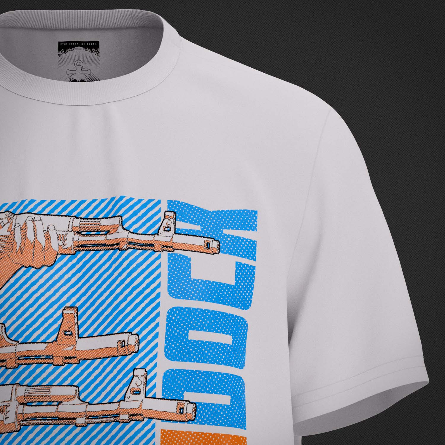 Quarter shot of The art print on the 'A OK' Supreme Premium Graphic Street Fashion T-shirt on a white organic cotton top by Boondock Traders & Co. Streetwear, clothing and apparel brand, inspired by Anime and Manga Action Scnenes. Featuring stacked AK 47 guns pointing to the right. In a halftone, comic, manga and grafitti style. Boondock Traders and Co branding on the inside neck stamp.