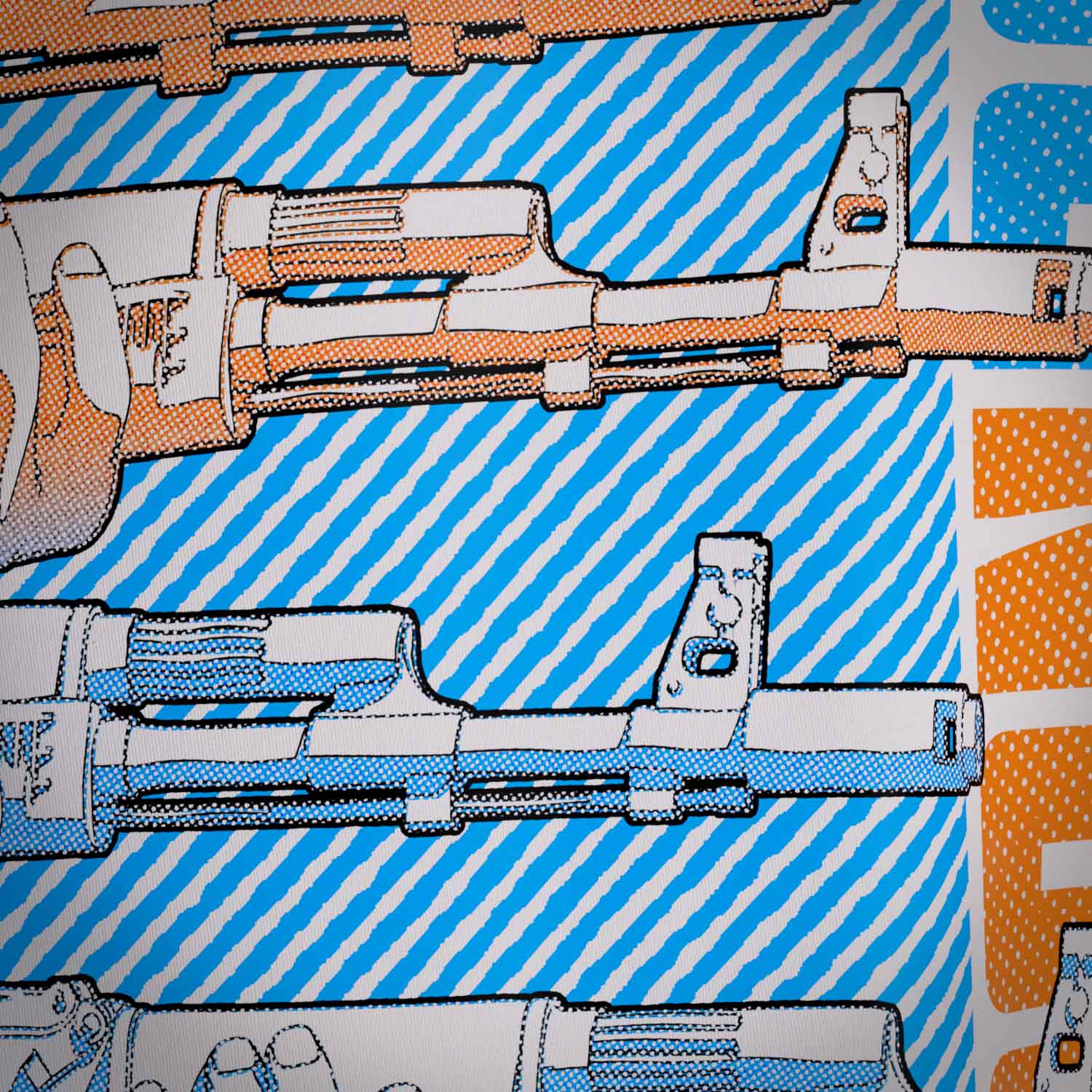 Close up of the print used on the 'A OK' Supreme Premium Graphic Street Fashion T-shirt on a white organic natural fibre cotton top by Boondock Traders & Co. Streetwear, clothing and apparel brand, inspired by Anime and Manga Action Scnenes. Featuring stacked AK 47 guns pointing to the right. In a halftone, comic, manga and grafitti style.