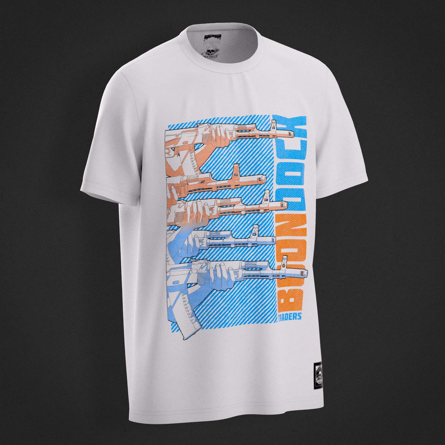 Left side of the 'A OK' Supreme Premium Graphic Street Fashion T-shirt on a white organic natural fibre cotton top by Boondock Traders & Co. Streetwear, clothing and apparel brand, inspired by Anime and Manga Action Scnenes. Featuring stacked AK 47 guns pointing to the right. In a halftone, comic, manga and grafitti style. Boondock Traders and Co's branding visible ont he inside neck stamp and the outer woven label.