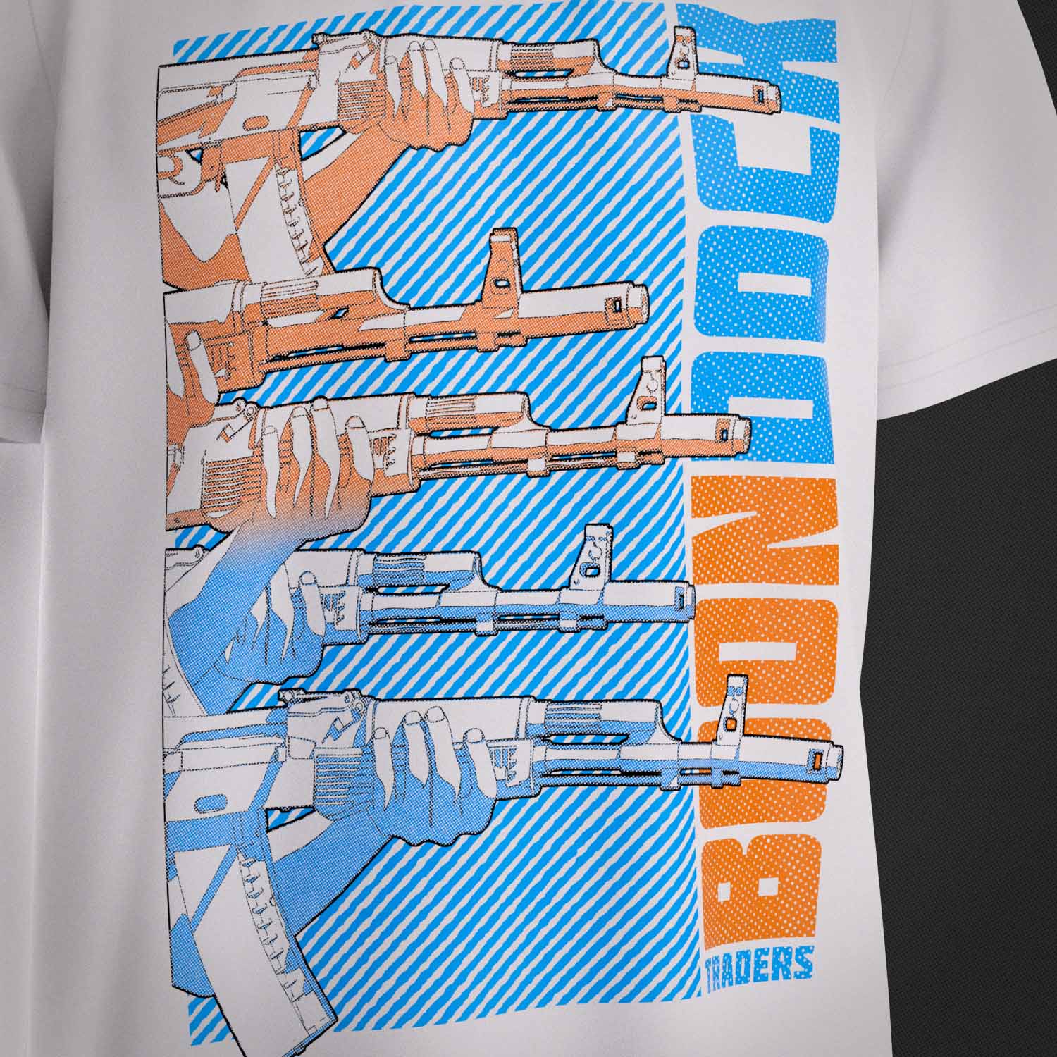 Closer look at the art print on the 'A OK' Supreme Premium Graphic Street Fashion T-shirt on a white organic natural fibre cotton top by Boondock Traders & Co. Streetwear, clothing and apparel brand, inspired by Anime and Manga Action Scnenes. Featuring stacked AK 47 guns pointing to the right. In a halftone, comic, manga and grafitti style. Boondock Traders and Co's branding visible on the inside neck stamp and the outer woven label.