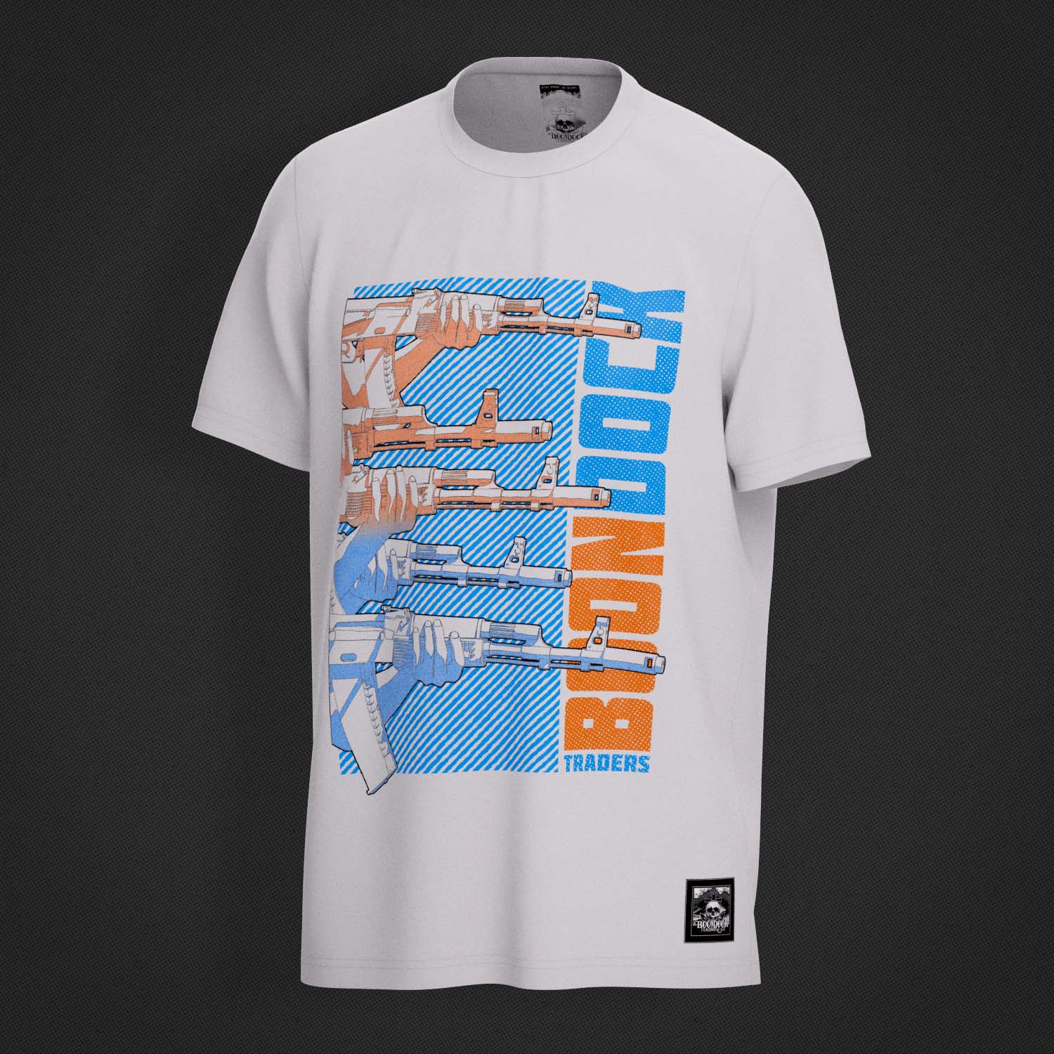 Right side of the 'A OK' Supreme Premium Graphic Street Fashion T-shirt on a white organic natural fibre cotton top by Boondock Traders & Co. Streetwear, clothing and apparel brand, inspired by Anime and Manga Action Scnenes. Featuring stacked AK 47 guns pointing to the right. In a halftone, comic, manga and grafitti style. Boondock Traders and Co's branding visible ont he inside neck stamp and the outer woven label.