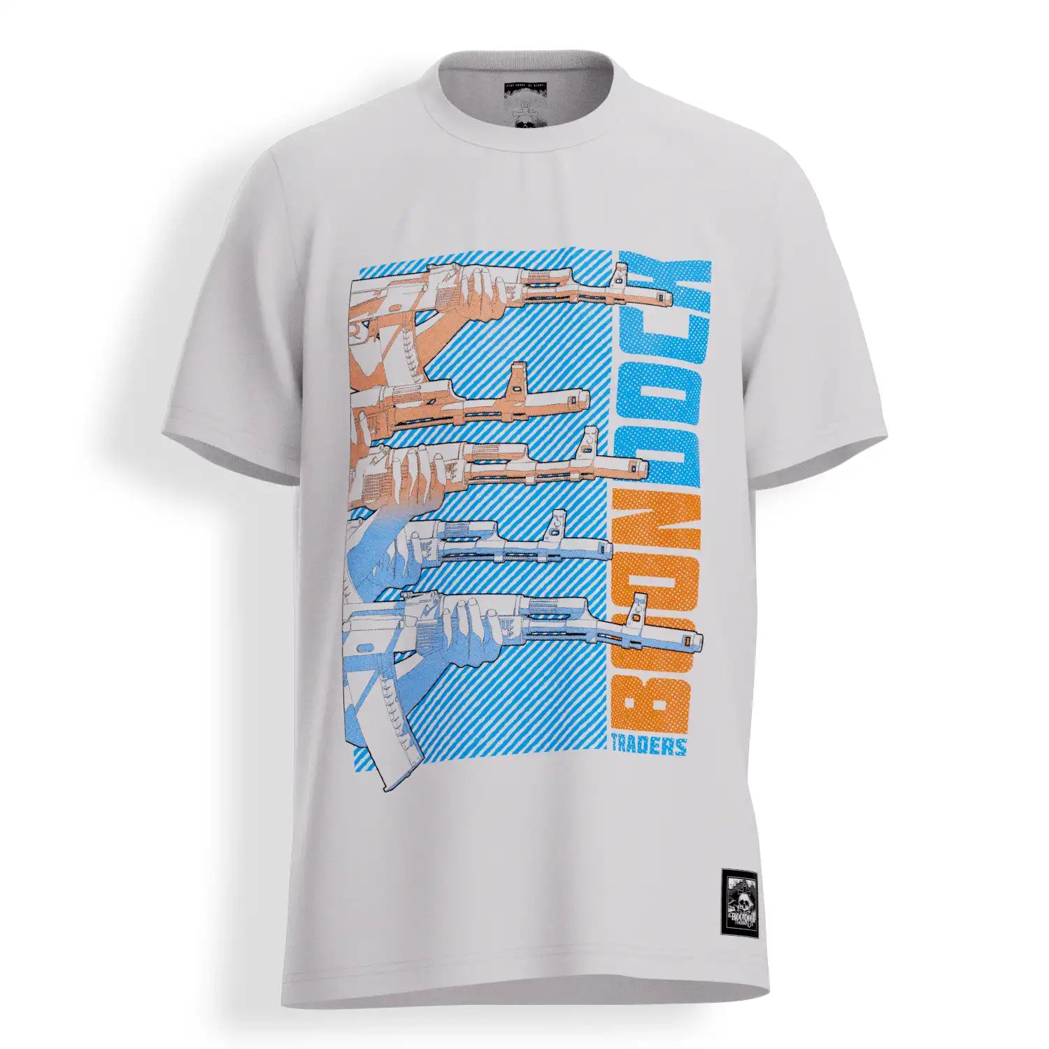 Front of the 'A OK' Supreme Premium Graphic Street Fashion T-shirt on a white organic cotton top by Boondock Traders & Co. Streetwear, clothing and apparel brand, inspired by Anime and Manga Action Scnenes. Featuring stacked AK 47 guns pointing to the right. In a halftone, comic, manga and grafitti style.