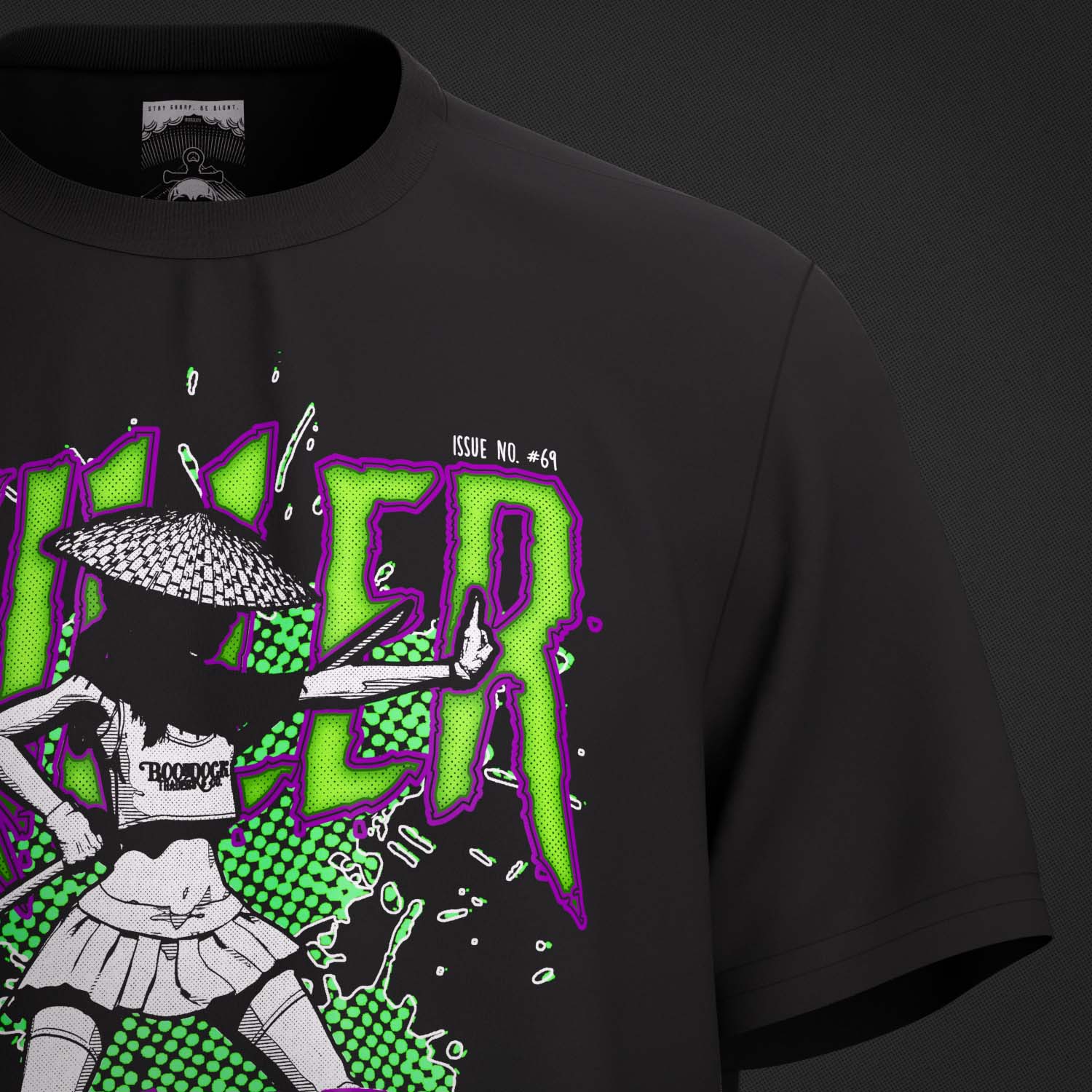 A close look at the graphic print of the 'Killer Kawaii' Anime T-shirt by Boondock Traders & Co. Streetwear, clothing and apparel brand, inspired by bad ass heroines. In the style of manga and grafitti prints. Featuring a girl with a samurai sword. The boondock traders neck stamp is visible ont he inside of the t-shirt.