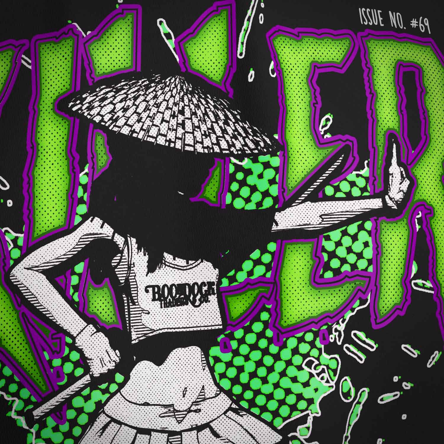 A close look at the graphic print of the 'Killer Kawaii' Anime T-shirt by Boondock Traders & Co. Streetwear, clothing and apparel brand, inspired by bad ass heroines. In the style of manga and grafitti prints. Featuring a girl with a samurai sword.