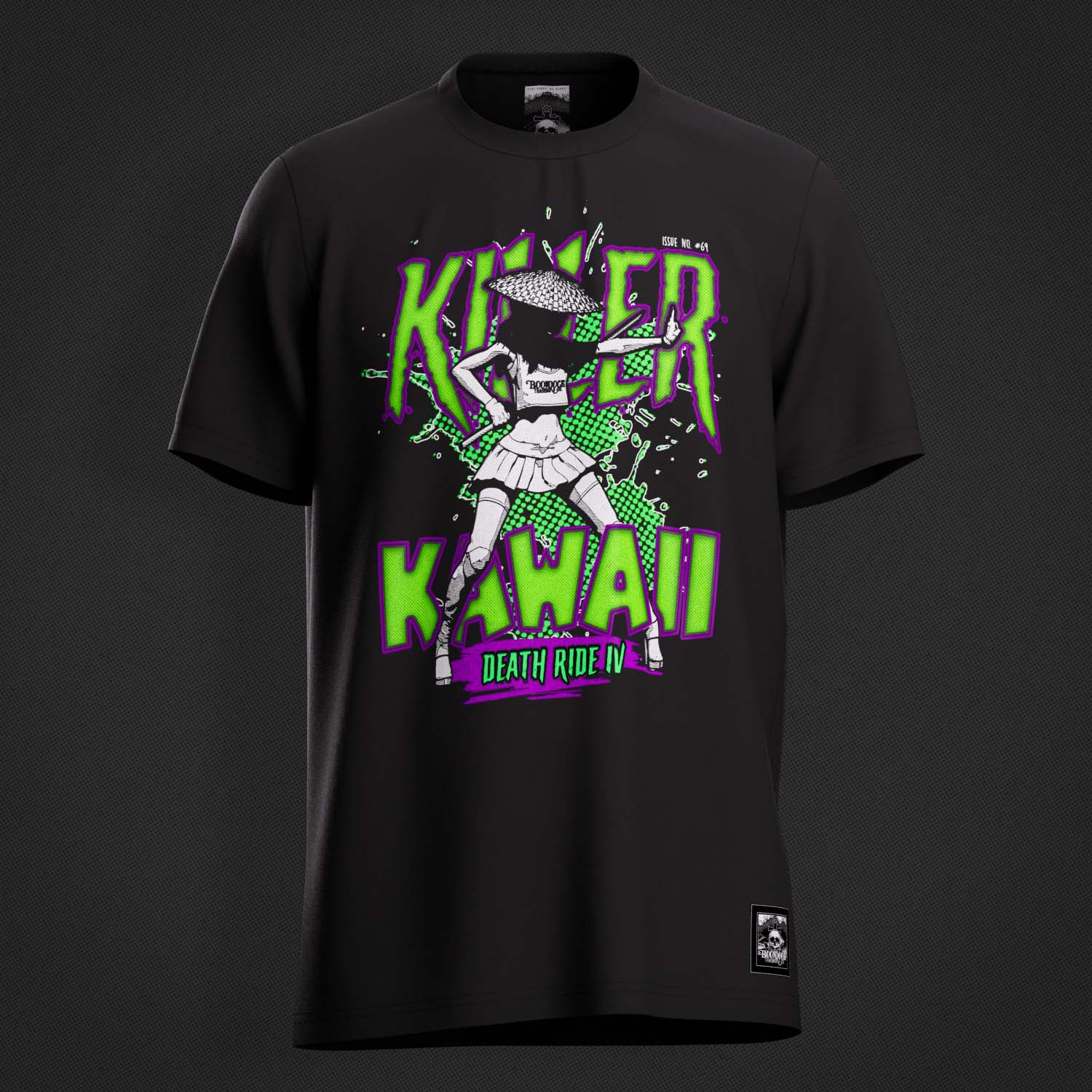 Front Image of the 'Killer Kawaii' Graphic T-shirt by Boondock Traders & Co. Streetwear, clothing and apparel brand, inspired by Anime and bas ass heroines. In the style of manga and grafitti prints. Featuring a girl with a samurai sword.