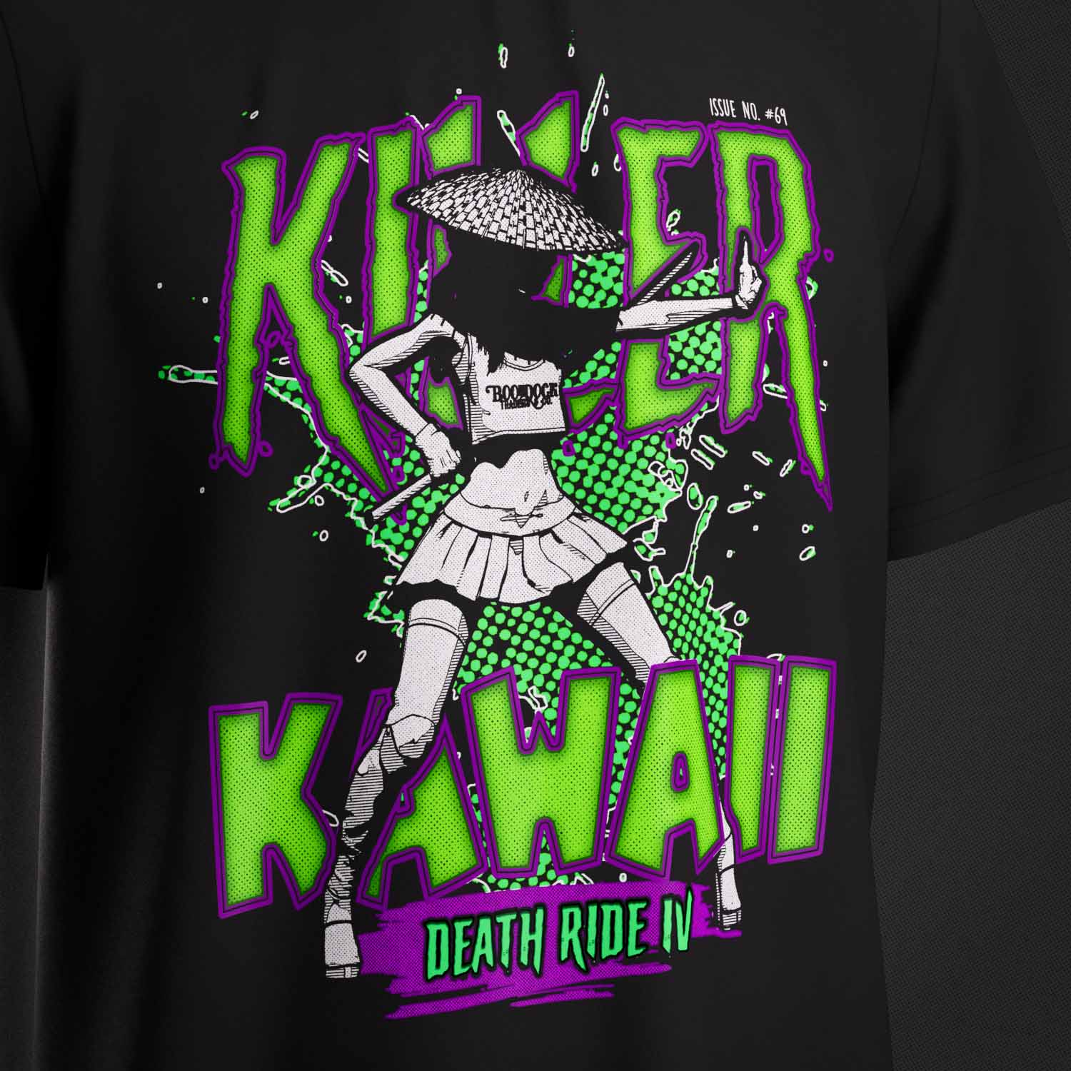 Close up Image of the 'Killer Kawaii' Graphic T-shirt by Boondock Traders & Co. Streetwear, clothing and apparel brand, inspired by Anime and bas ass heroines.