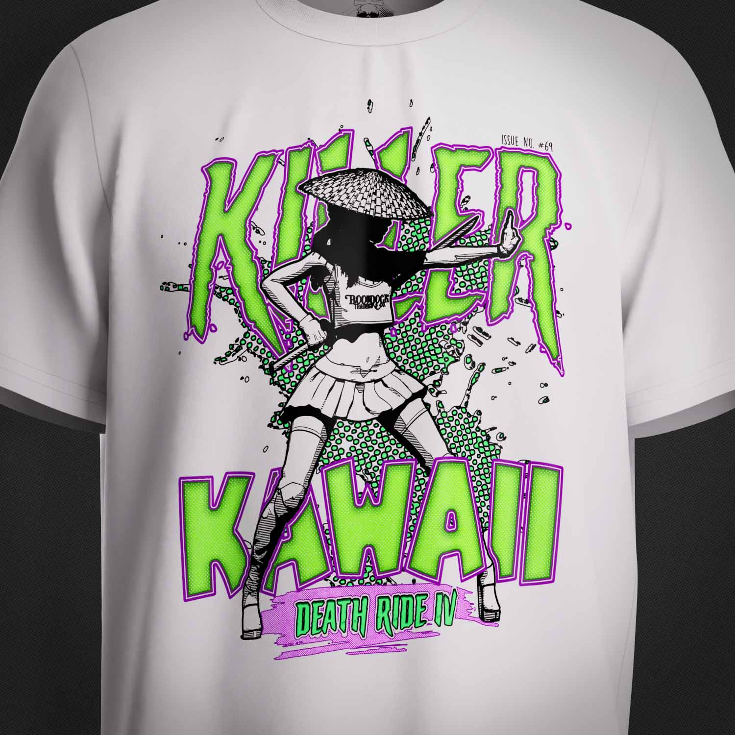 The art print on the 'Killer Kawaii' Supreme Premium Graphic Street Fashion T-shirt on a white organic cotton top by Boondock Traders & Co. Streetwear, clothing and apparel brand, inspired by Anime and bad ass heroines. Featuring a girl with a samurai sword. In a halftone, comic, manga and grafitti style.