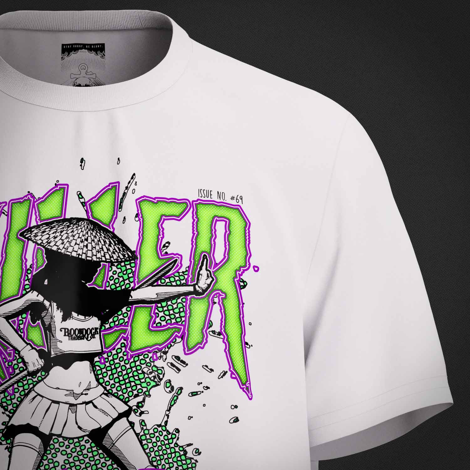 'Killer Kawaii' Supreme Premium Graphic Street Fashion T-shirt on a white organic cotton top by Boondock Traders & Co. Streetwear, clothing and apparel brand, inspired by Anime and bad ass heroines. Featuring a girl with a samurai sword. In a halftone, comic, manga and grafitti style. The boondock traders and co branding is visible on the inside neck print.