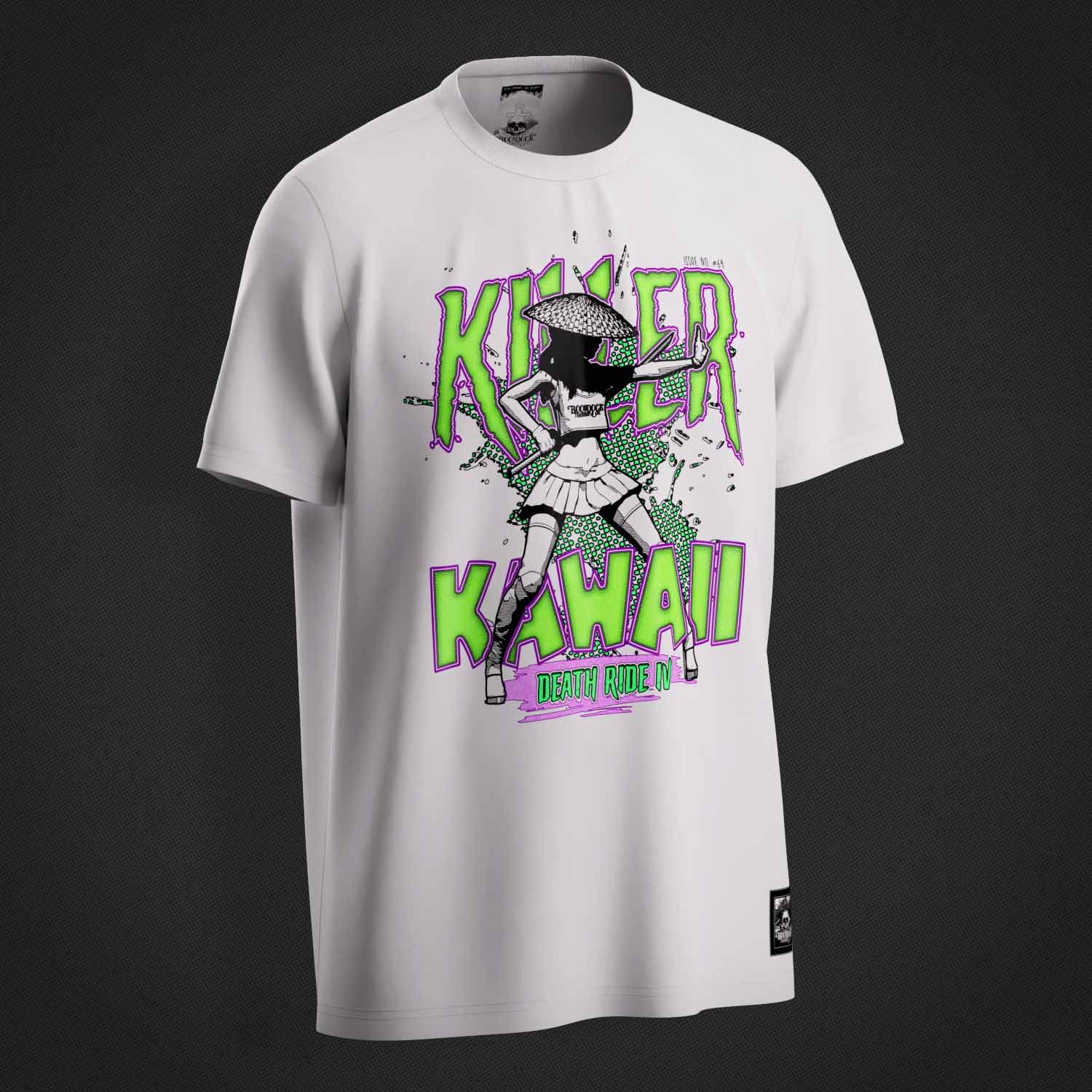 Left side of the 'Killer Kawaii' Supreme Premium Graphic T-shirt on a white organic cotton top by Boondock Traders & Co. Streetwear, clothing and apparel brand, inspired by Anime and bad ass heroines. Featuring a girl with a samurai sword. The Boondock Traders and Co branding is visible on the inner neck stamp and the woven outer label.