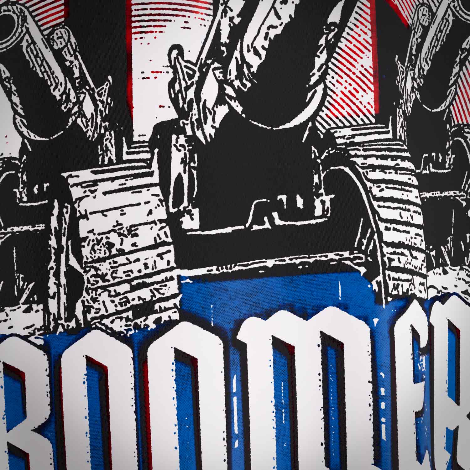 Close up look at the print on the 'OK Boomer' Supreme Premium Graphic Street Fashion T-shirt on a Black organic natural fibre cotton top by Boondock Traders & Co. Streetwear, clothing and apparel brand, inspired by the meme 'ok boomer', world war two propaganda style. Featuring world war one cannon and 'OK BOOMER'. Part of our Funny and Meme T-shirt Range.