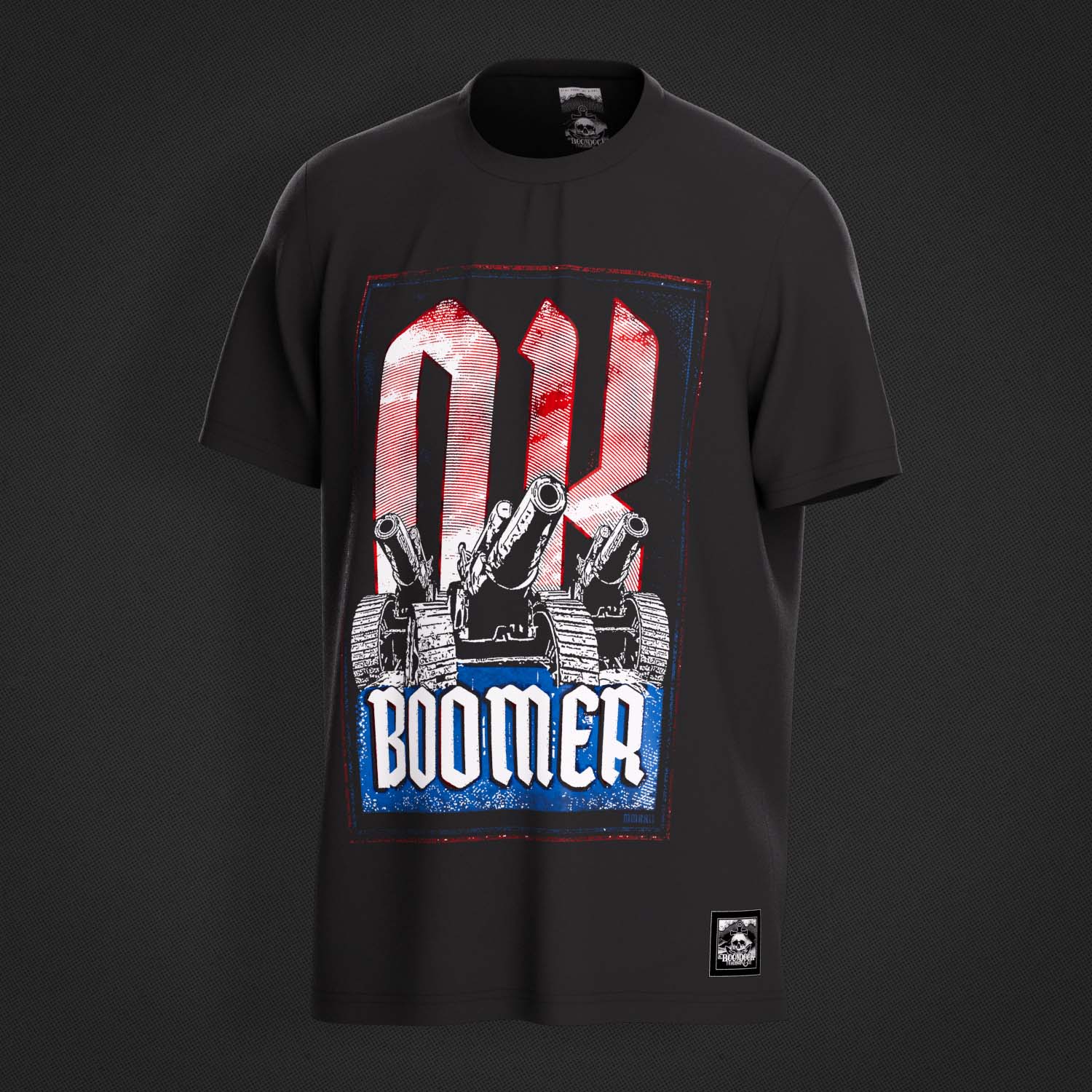 Right side of the 'OK Boomer' Supreme Premium Graphic Street Fashion T-shirt on a Black organic natural fibre cotton top by Boondock Traders & Co. Streetwear, clothing and apparel brand, inspired by the meme 'ok boomer', world war two propaganda style. Featuring world war one cannon and 'OK BOOMER'. Boondock Traders and Co's branding visible on the inside neck stamp and the outer woven label. Part of our Funny and Meme T-shirt Range.