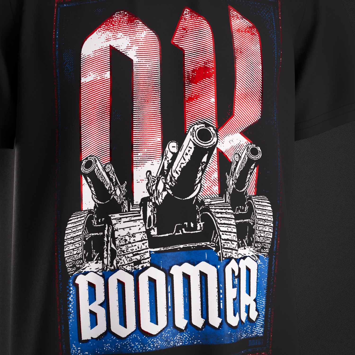 Closer look at the print on the 'OK Boomer' Supreme Premium Graphic Street Fashion T-shirt on a Black organic natural fibre cotton top by Boondock Traders & Co. Streetwear, clothing and apparel brand, inspired by the meme 'ok boomer', world war two propaganda style. Featuring world war one cannon and 'OK BOOMER'. Boondock Traders and Co's branding visible on the inside neck stamp and the outer woven label. Part of our Funny and Meme T-shirt Range.