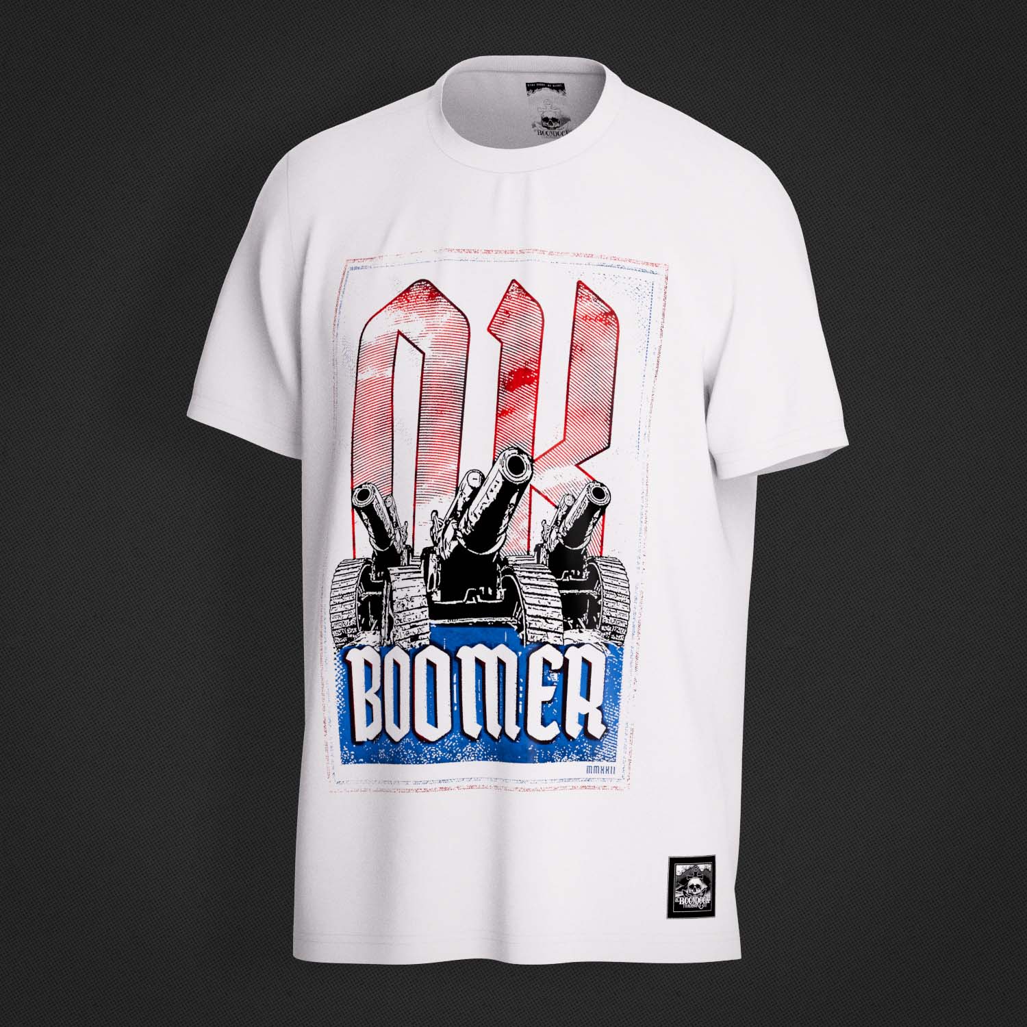 Right side of the 'OK Boomer' Supreme Premium Graphic Street Fashion T-shirt on a White organic natural fibre cotton top by Boondock Traders & Co. Streetwear, clothing and apparel brand, inspired by the meme 'ok boomer', world war two propaganda style. Featuring world war one cannon and 'OK BOOMER'. Boondock Traders and Co's branding visible on the inside neck stamp and the outer woven label. Part of our Funny and Meme T-shirt Range.