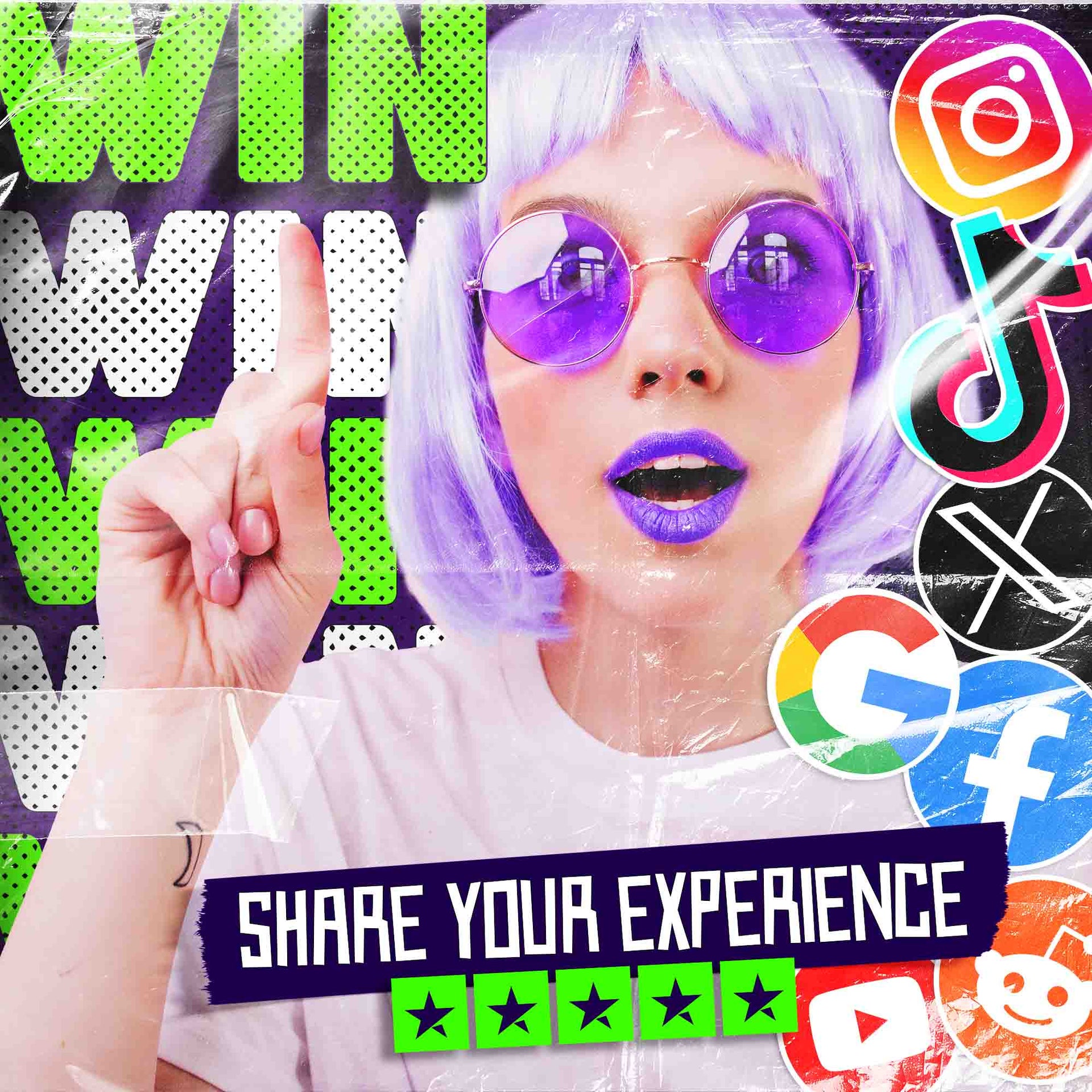 Trendy Fashionista Girl wearing purple sunglasses and purple lipstick pointing at the giveaway showing social media icons and reviews. Read on to find out more about the terms and condition for the giveaway.